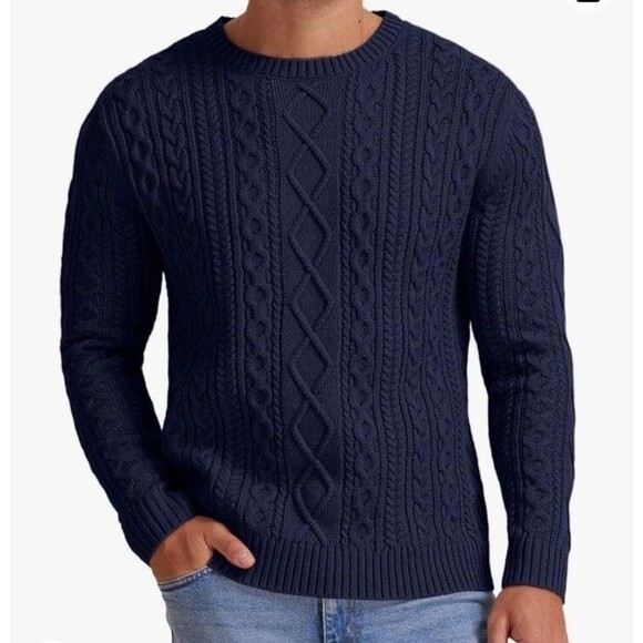 New Goodthreads Men’s Size L T Cable Knit Crewneck Sweater Navy Blue Long Sleeve - Picture 3 of 15